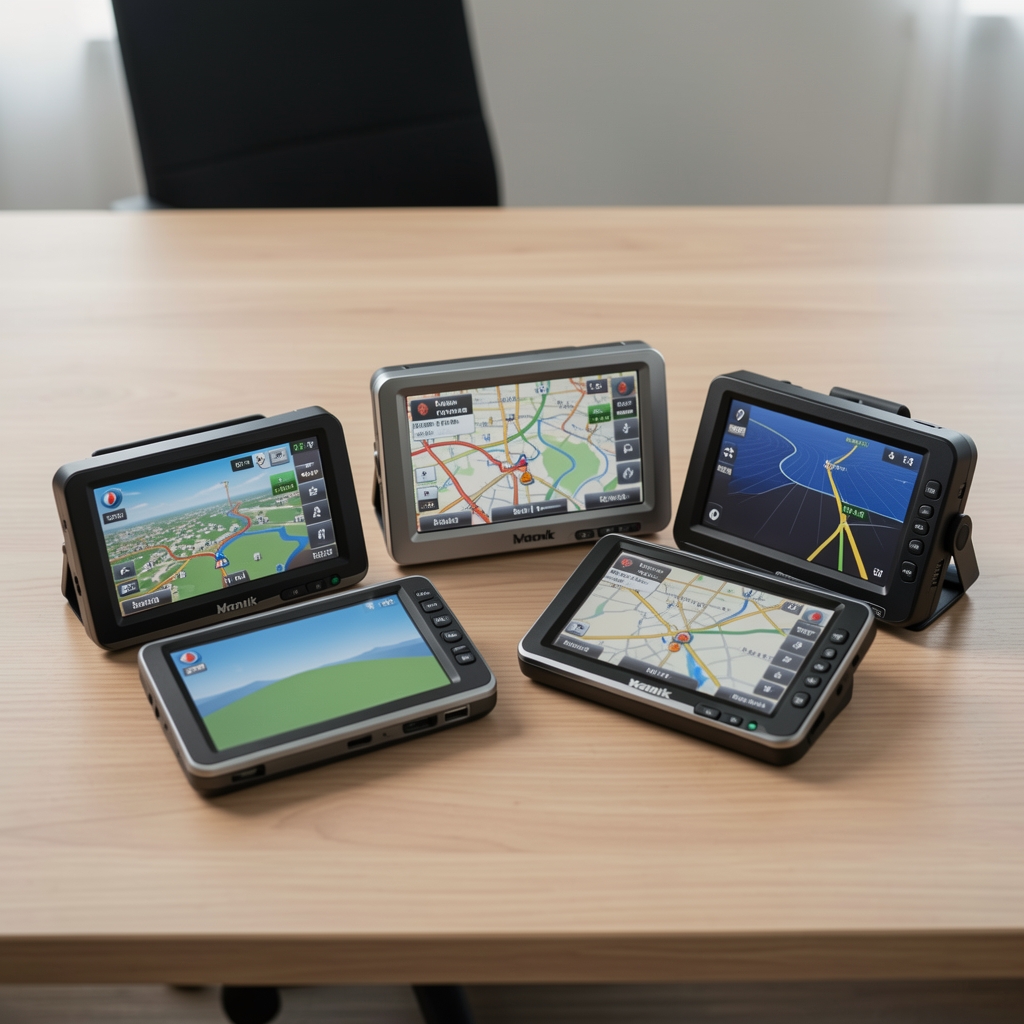 Farklı marka GPS navigasyon cihazlarının masaya dizilmiş görünümü