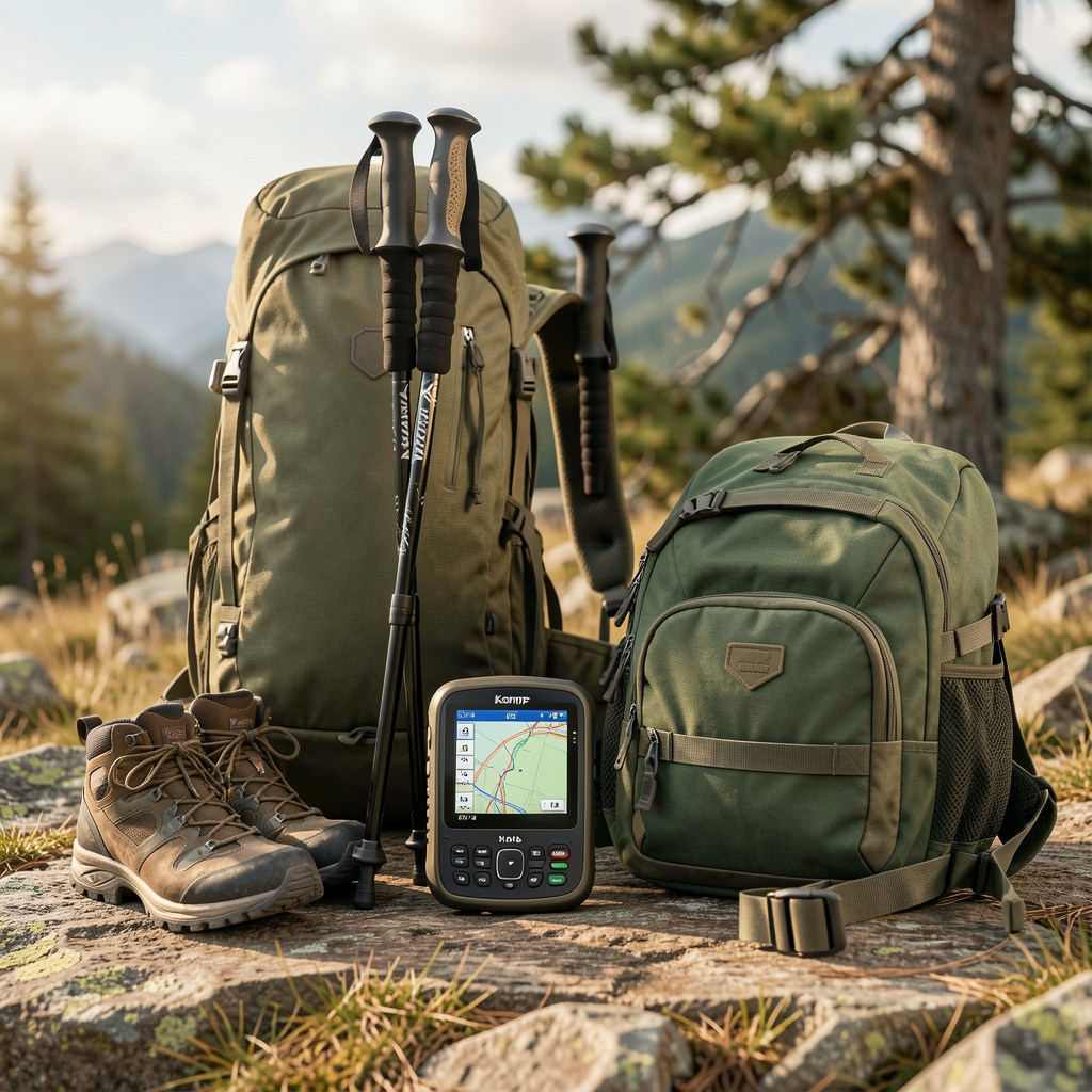 Kamp ekipmanları yanında kompakt GPS navigasyon cihazı ve trekking ekipmanları