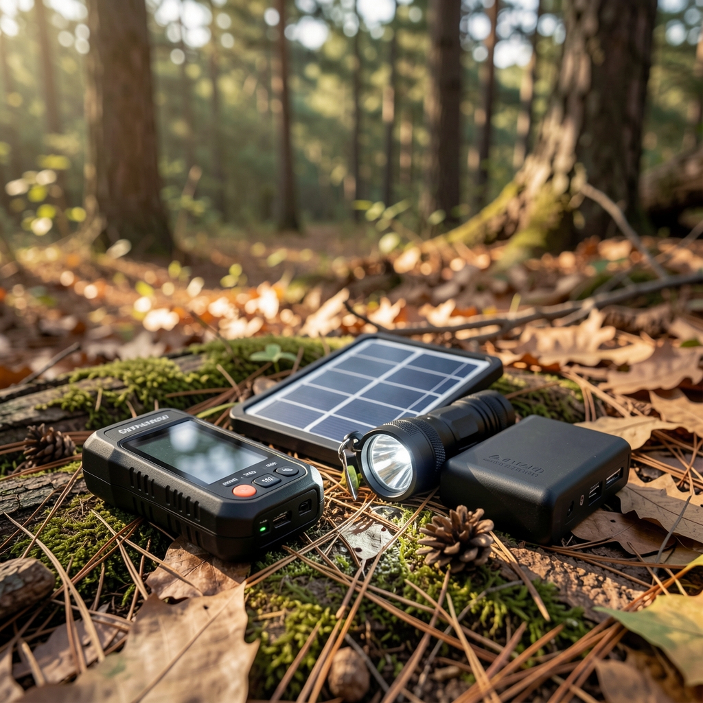 Kamp masasında dizilmiş outdoor elektronik ekipmanlar: GPS, el feneri, solar şarj ve power bank