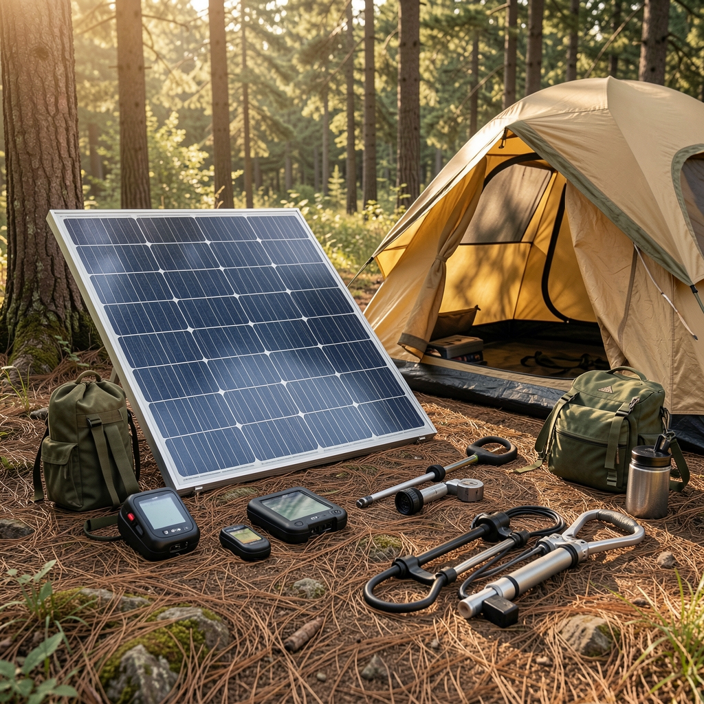 Çeşitli outdoor teknoloji ürünleri – GPS, solar panel ve kamp ekipmanları doğal ortamda