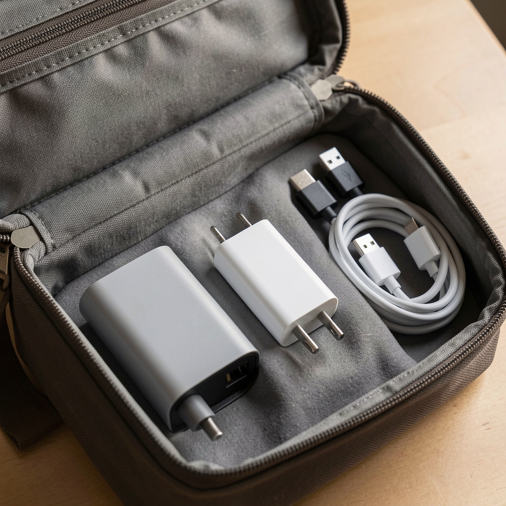 Seyahat çantası içinde dizili taşınabilir şarj cihazları ve USB-C kablo ekipmanları