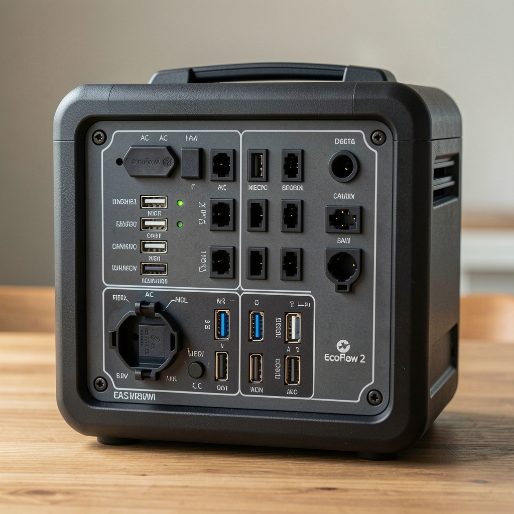 EcoFlow Delta 2 taşınabilir enerji istasyonu, çoklu AC ve USB çıkışları görünür