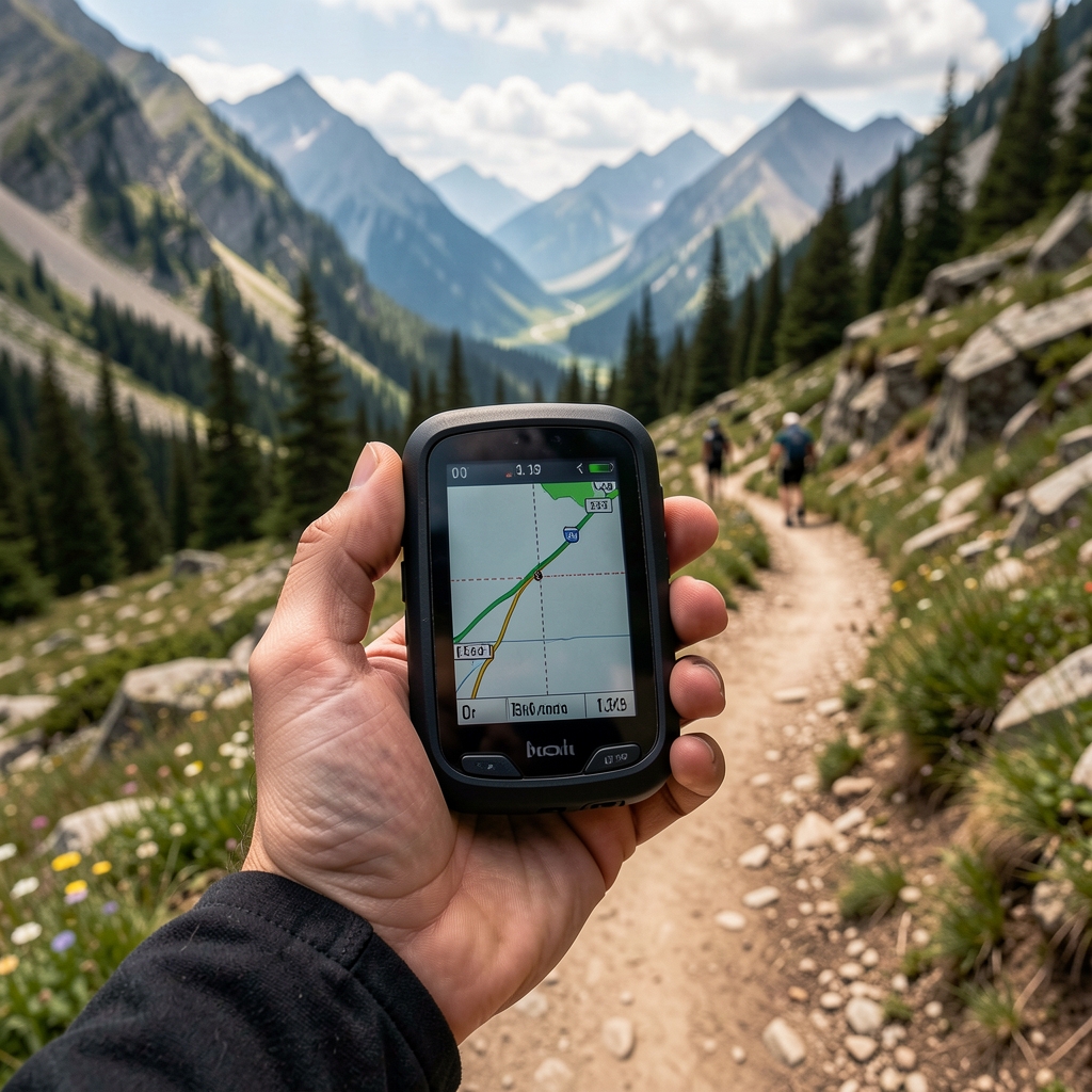 Dağlık arazide trekking yolunda kompakt handheld GPS cihazı ekipman detayı