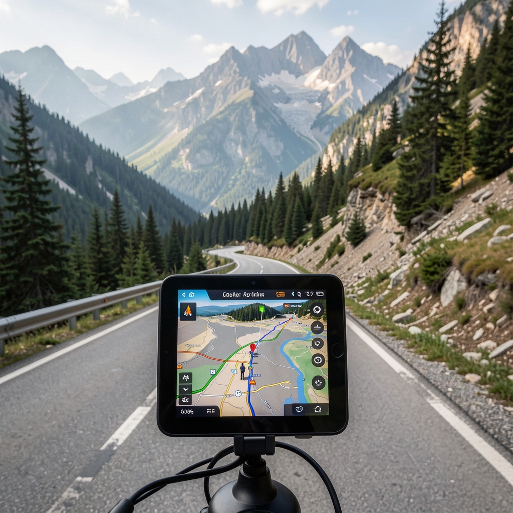 Dağ yolu üzerinde GPS navigasyon ekranı ve trekking rotası izleme