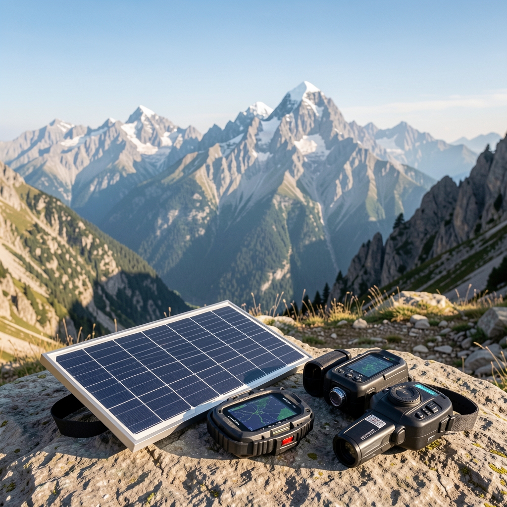Yüksek dağ manzarası önünde dizilmiş GPS cihazı, solar şarj paneli ve outdoor ekipmanları