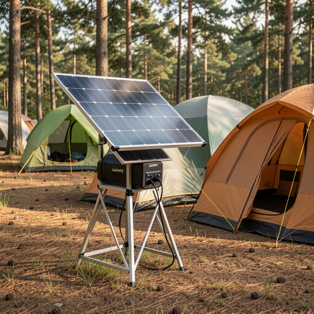 Jackery SolarSaga 100W katlanabilir solar panel kamp alanında şarj istasyonu ile bağlantı